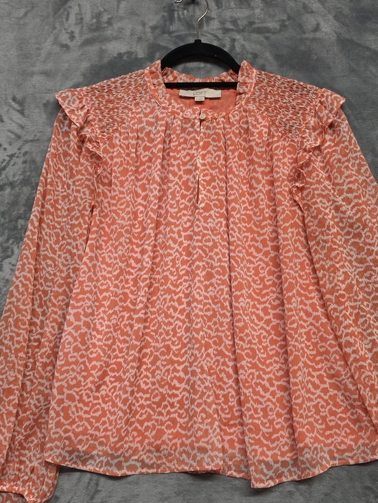 LOFT Tops - LOFT Coral and White Printed Ruffle-Shoulder Blouse Sz MD